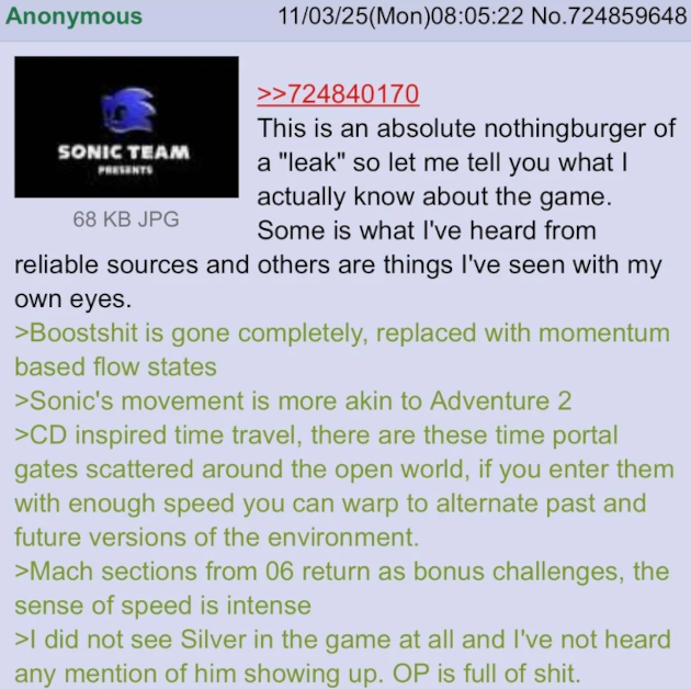 Leak describing specific aspects of Frontiers 2 including time-travel, the return of mach-speed sections, and the complete absence of Boost.